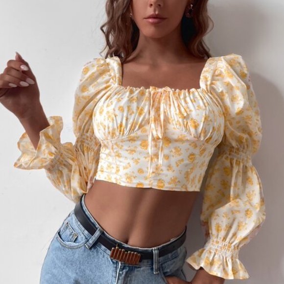 Boho Blue Floral Print Puff Sleeve Crop Top - Picture 7 of 8